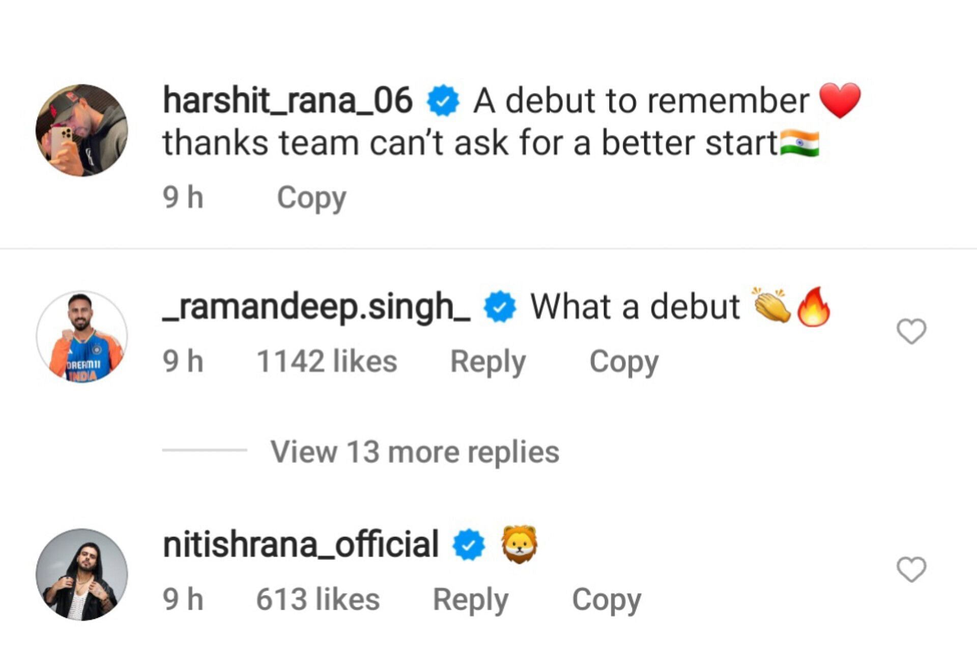 KKR mates comment on Harshit Rana’s debut post (Image via Instagram-@harshit_rana_06)